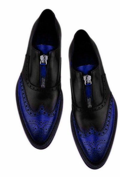 Newly Two Tone Full Brogue Zipper Closure Handmade Genuine Leather Dress Shoes