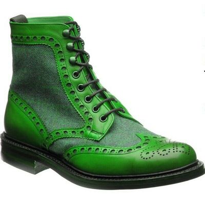 Handmade Bilbao Green Full Brogue Wingtip High Ankle Genuine Leather Men's Boots