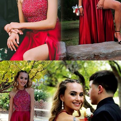 Charming a-line halter open back red satin long prom dresses with beading,high slit evening party dresses - Thumbnail 4