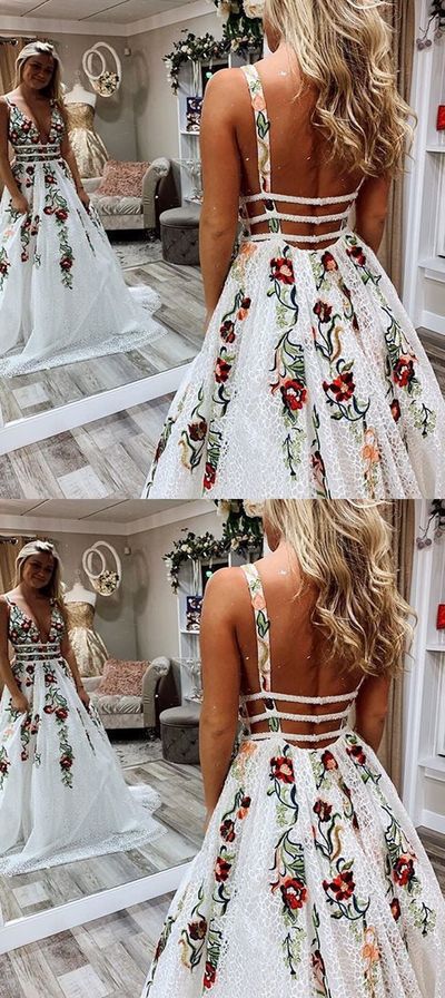 Gorgeous A-Line V Neck Open Back White Lace with Embroidery Long Prom Dresses,Cheap 2020 Evening Party Dresses,Formal Dresses