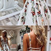 Gorgeous A-Line V Neck Open Back White Lace with Embroidery Long Prom Dresses,Cheap 2020 Evening Party Dresses,Formal Dresses - Thumbnail 1
