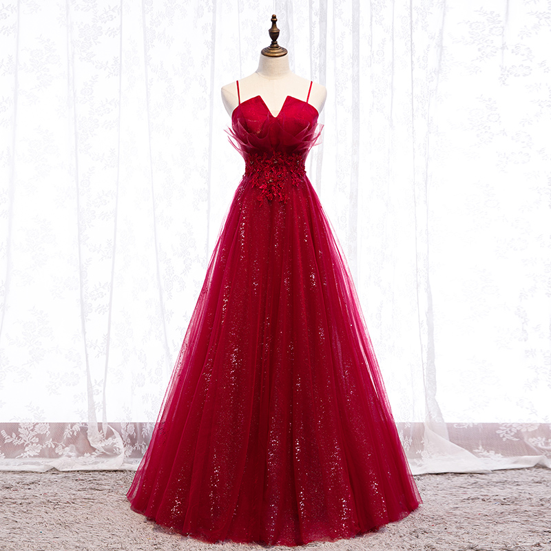 Burgundy tulle long prom dress formal dress