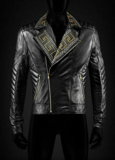 New Golden Silver Studded Mens Black Cowhide Leather Jacket All Sizes