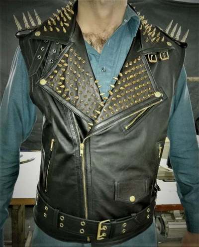 Gold Studded VEST JACKET HANDMADE Men Black Punk Silver Long Spiked Studded