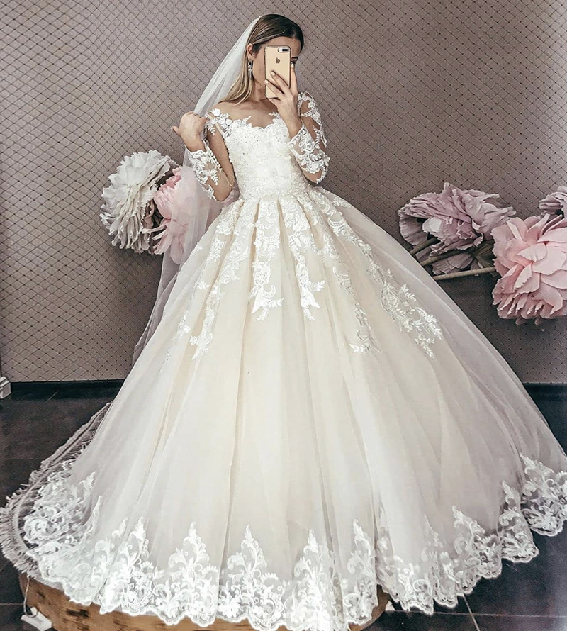 A line long sleeve lace prom gown formal dress