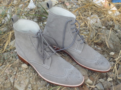 Handmade Men's Gray Wing Tip Brogue Suede Boots, Men Boots