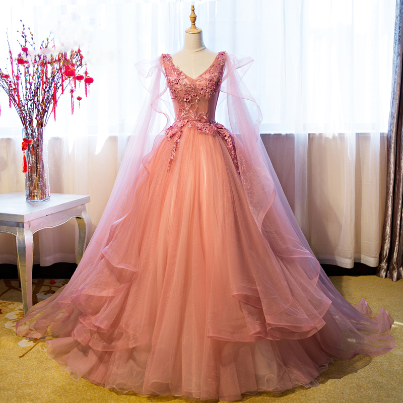 Pink v neck tulle lace ball gown formal dress
