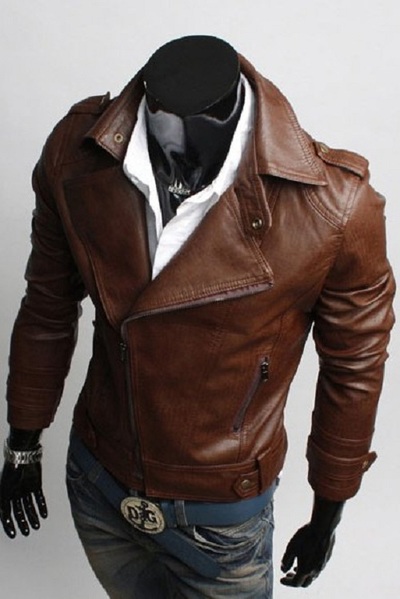 Men's Brown Motorcycle Leather Jacket, Men Slim fit Jacket, Korean style Biker Jacket