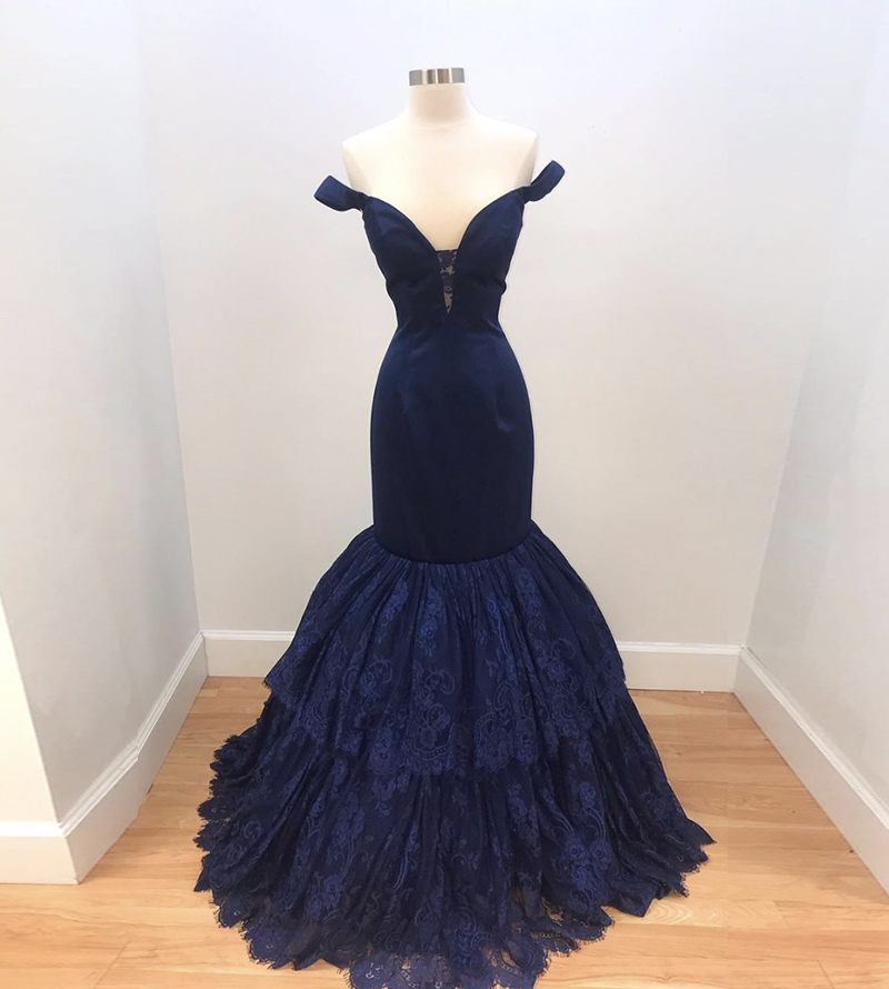 Blue lace long prom dress mermaid evening dress