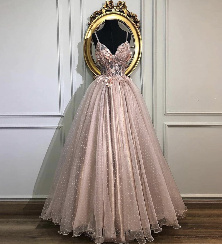 Pink tulle lace prom gown formal dress