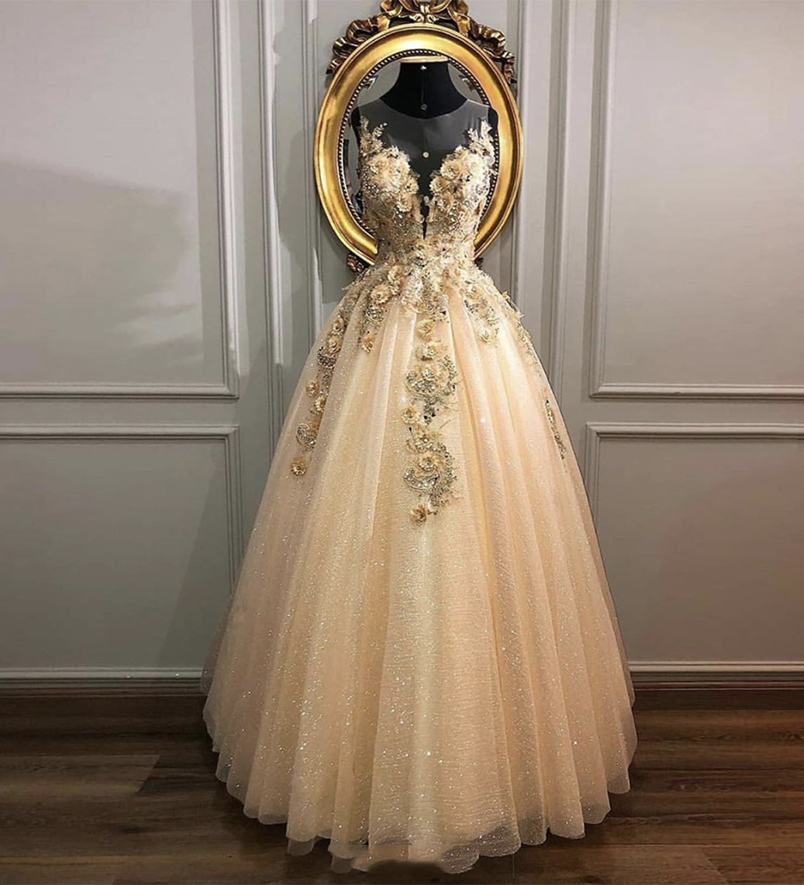 Champagne tulle lace prom gown evening dress