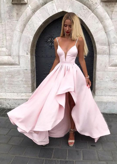 Spaghetti Straps A Line Pink Long Satin Prom/Evening Dress