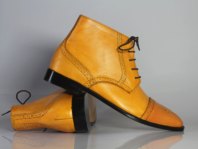 Handmade men's Tan ankle boots, men Cap Toe leather boots, Lace Up formal boot for men