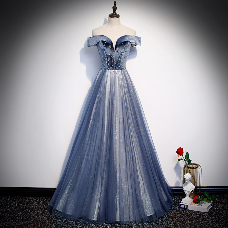 Blue velvet tulle long prom dress formal dress