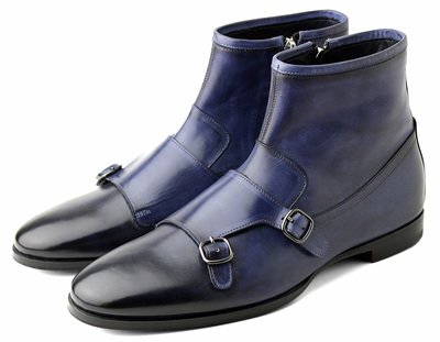 Handmade Blue Monk Straps With Side Zipper Leather Boot For Men's