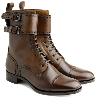 Handmade Brown Men's Lace Up With Double Monk Straps Ankle Leather Boot