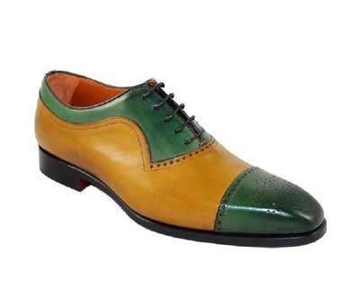 Handmade Green Tan Brogue Lace Up Leather Shoes For Men's