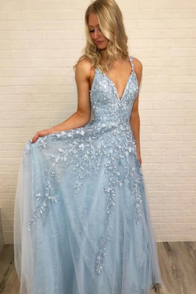 A Line V Neck Sky Blue Long Prom Dresses With Lace Appliques