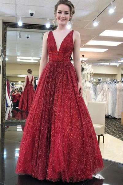 Unique Sexy V Neck A Line Burgundy Sequins Tulle Prom Dresses