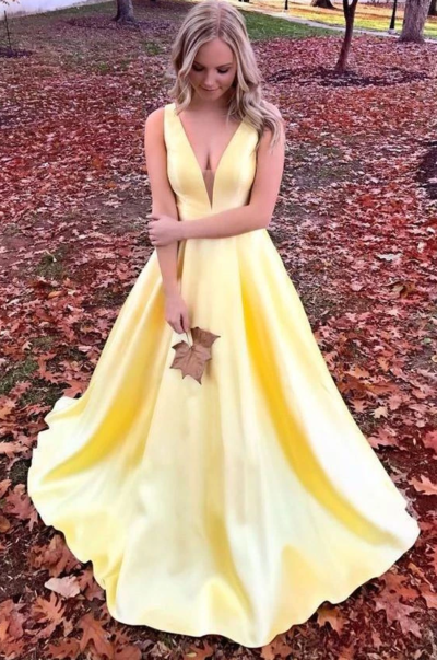 Simple V Neck Straps Long Unique Yellow Satin Prom Dresses