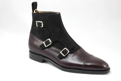 Handmade mens Brown triple monk ankle boots, Men suede and leather cap toe boots