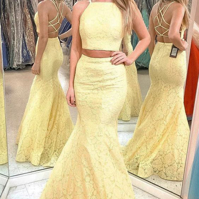 Unique mermaid two piece yellow lace prom dresses,formal evening party dresses - Thumbnail 3