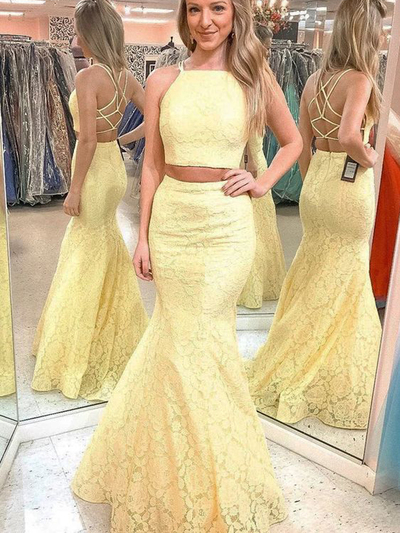 Unique Mermaid Two Piece Yellow Lace Prom Dresses,Formal Evening Party Dresses
