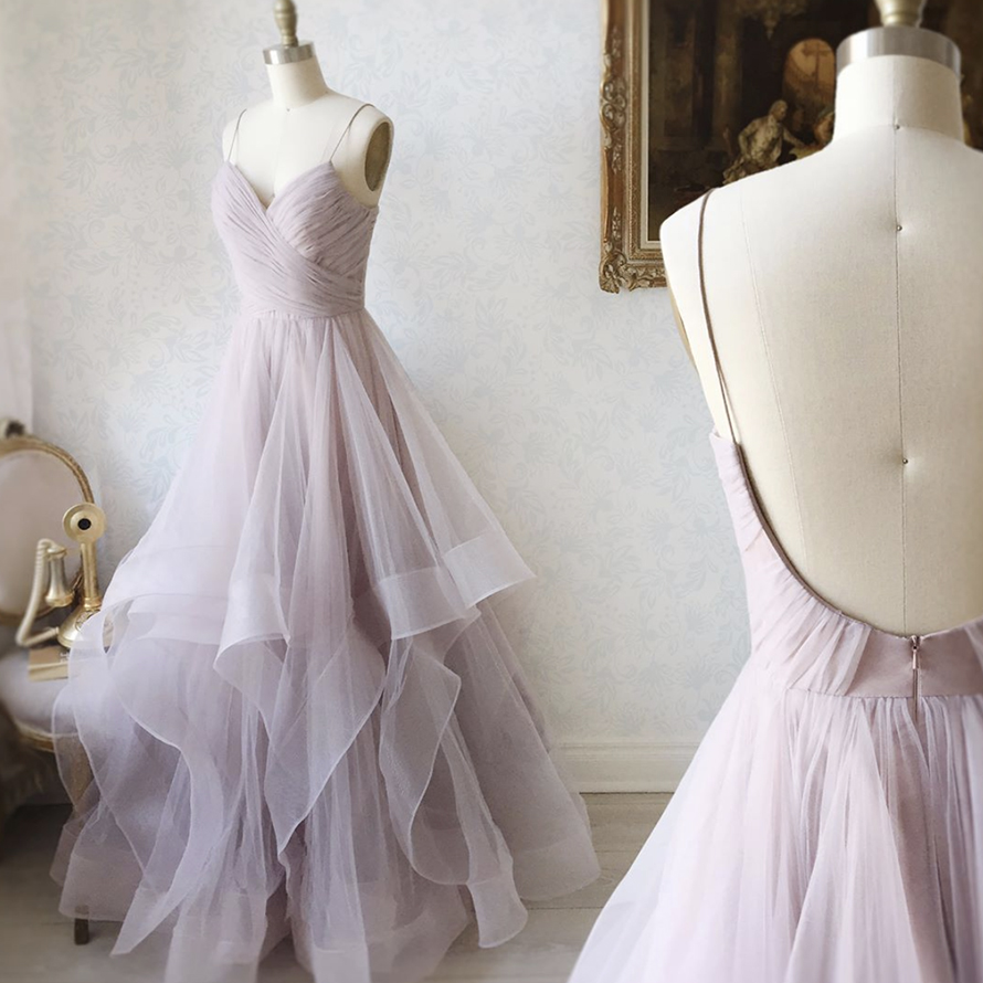 Simple v neck tulle long prom dress formal dress