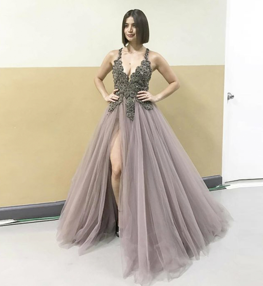 A line v neck tulle lace prom dress formal dress