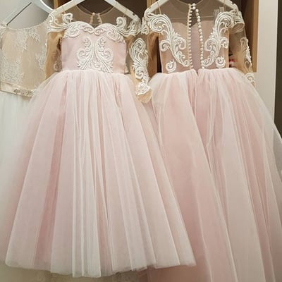 Cute a-line round neck cap sleeve blush tulle long flower girls dresses with appliques,birthday party dresses - Thumbnail 2