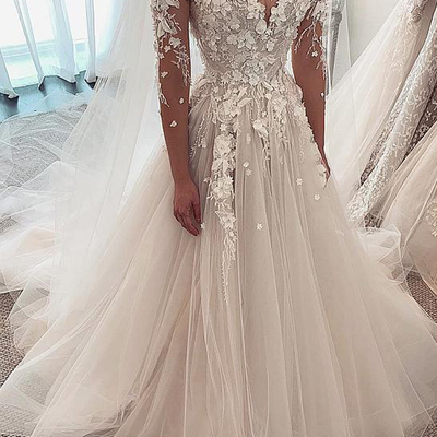 Stunning ball gown round neck long sleeve ivory tulle wedding dresses,lace wedding gown - Thumbnail 4