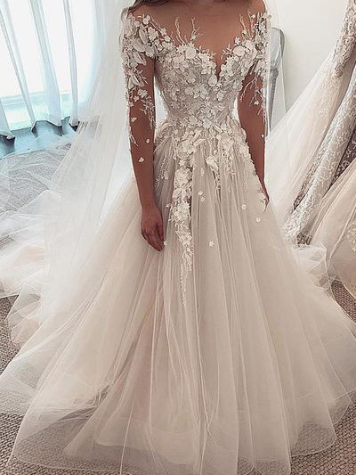 Stunning Ball Gown Round Neck Long Sleeve Ivory Tulle Wedding Dresses,Lace Wedding Gown