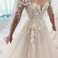 Stunning Ball Gown Round Neck Long Sleeve Ivory Tulle Wedding Dresses,Lace Wedding Gown - Thumbnail 1