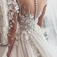 Stunning Ball Gown Round Neck Long Sleeve Ivory Tulle Wedding Dresses,Lace Wedding Gown - Thumbnail 2