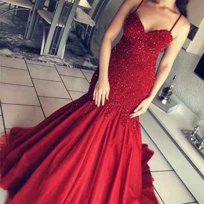 Glamorous mermaid sweetheart spaghetti straps open back red tulle long prom dresses with appliques,formal evening party dresses - Thumbnail 5