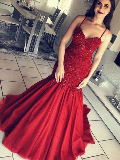 Glamorous Mermaid Sweetheart Spaghetti Straps Open Back Red Tulle Long Prom Dresses with Appliques,Formal Evening Party Dresses