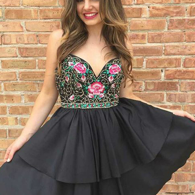 charming a-line sweetheart spaghetti straps open back black satin tiered short prom dresses,beaded homecoming dresses - Thumbnail 5