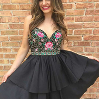 Charming A-Line Sweetheart Spaghetti Straps Open Back Black Satin Tiered Short Prom Dresses,Beaded Homecoming Dresses - Thumbnail 1