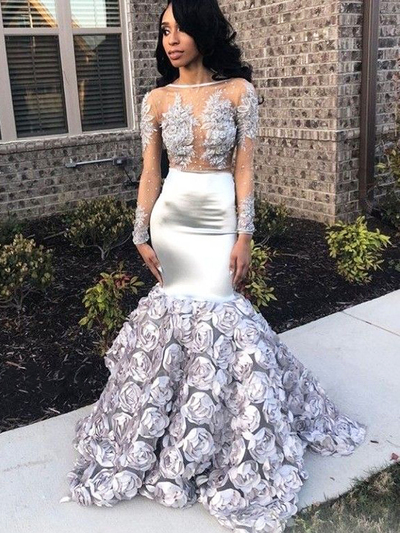Unique Mermaid Boat Neck V Back Long Sleeved Silver Satin Long Prom Dresses with Appliques Flowers,Formal Evening Party Dresses