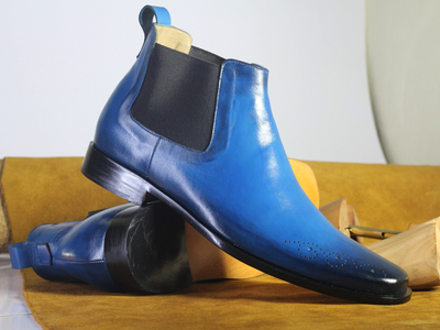 handmade Men's Blue Half Ankle Chelsea Boot, Men's Black Leather Chelsea Casual Boot.