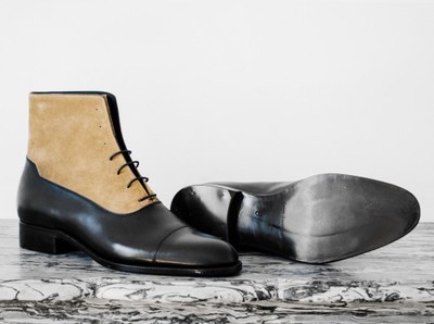 Men Two Tone Boots Men Tan And Black Lace Up Boot Men Ankle Leather cap toe Boot