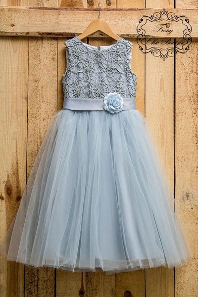 Ice Blue Tulle Flower Girl Dresses Waist with Handmade Flowers