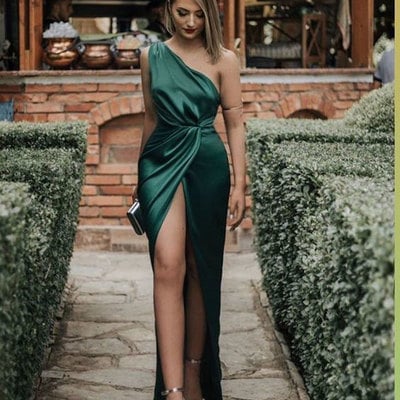 One shoulder slit side dark green prom dresses under 100 - Thumbnail 4