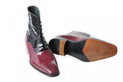 Men Two Tone Patent Leather Boots, Men Brogue Black And Burgundy Ankle Boot
