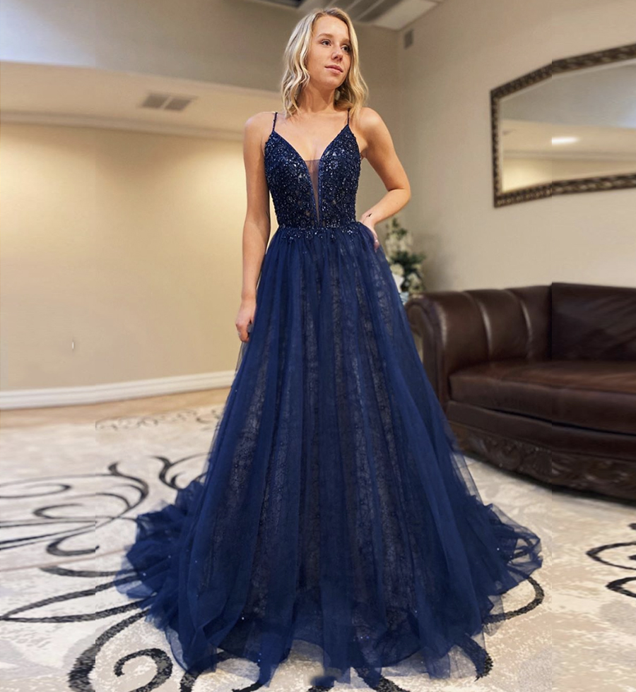 Blue tulle beads long prom dress evening dress