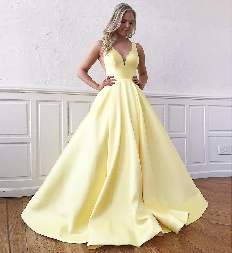 Yellow satin long prom dress simple evening dress