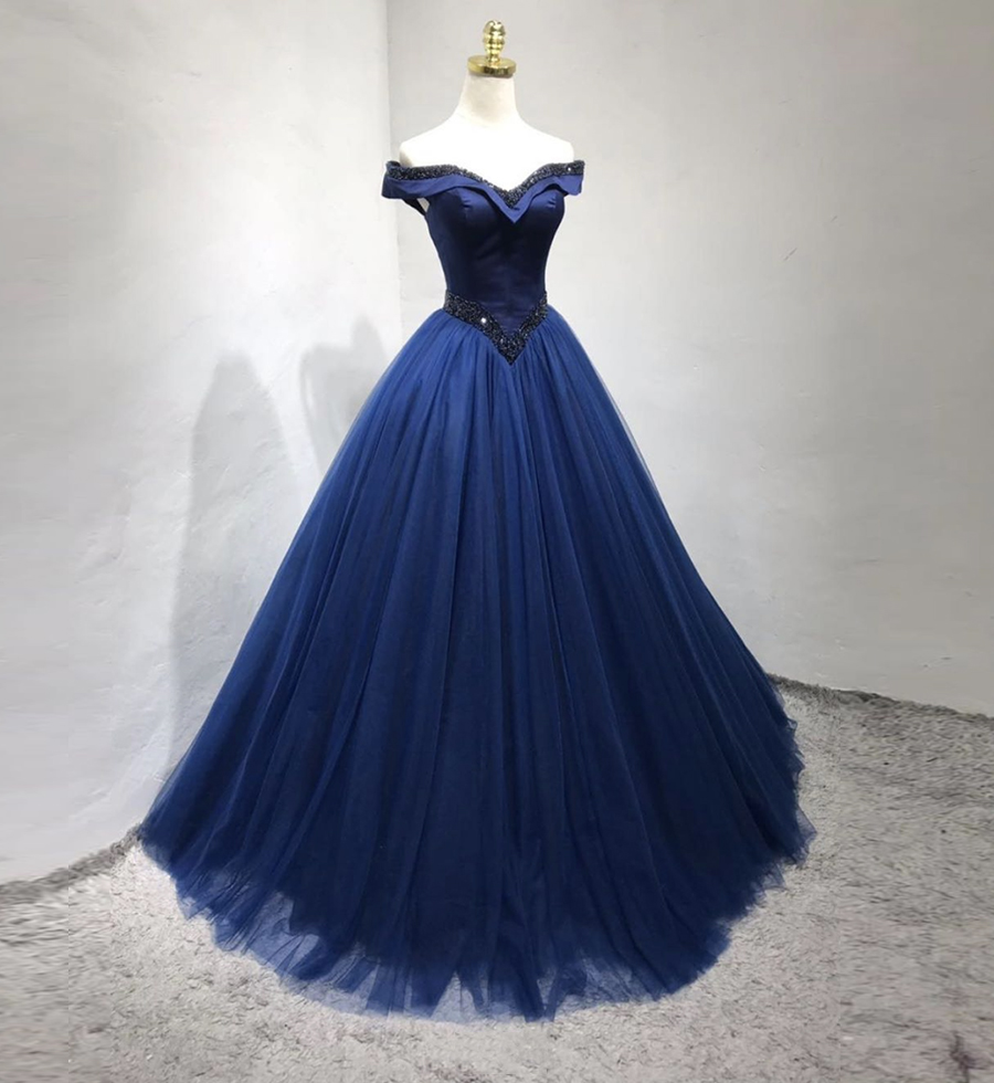 Blue tulle long prom gown blue formal dress