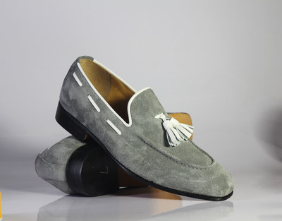 Handmade Gray Tussles Loafers Shoes Stylish Suede Shoes For Men's