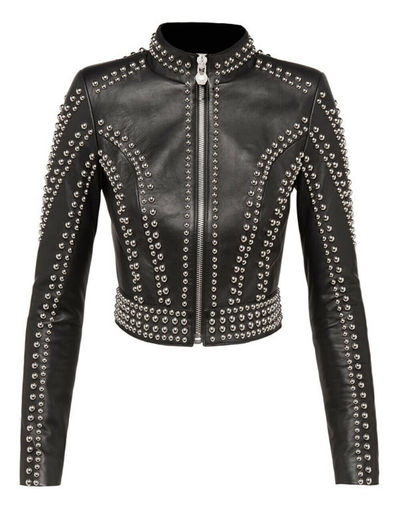 New Women Black Silver Studded Punk Vintage Biker Brando Style Leather Jacket