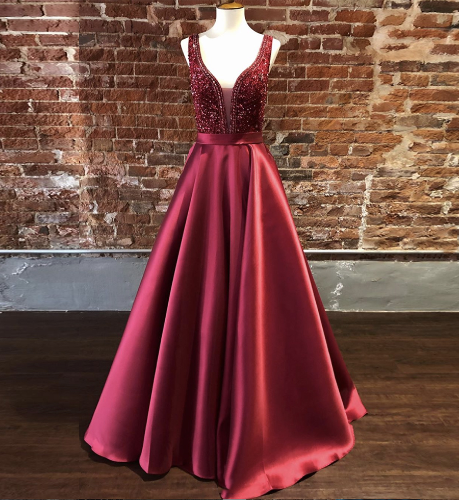 Burgundy satin long prom dress evening dress